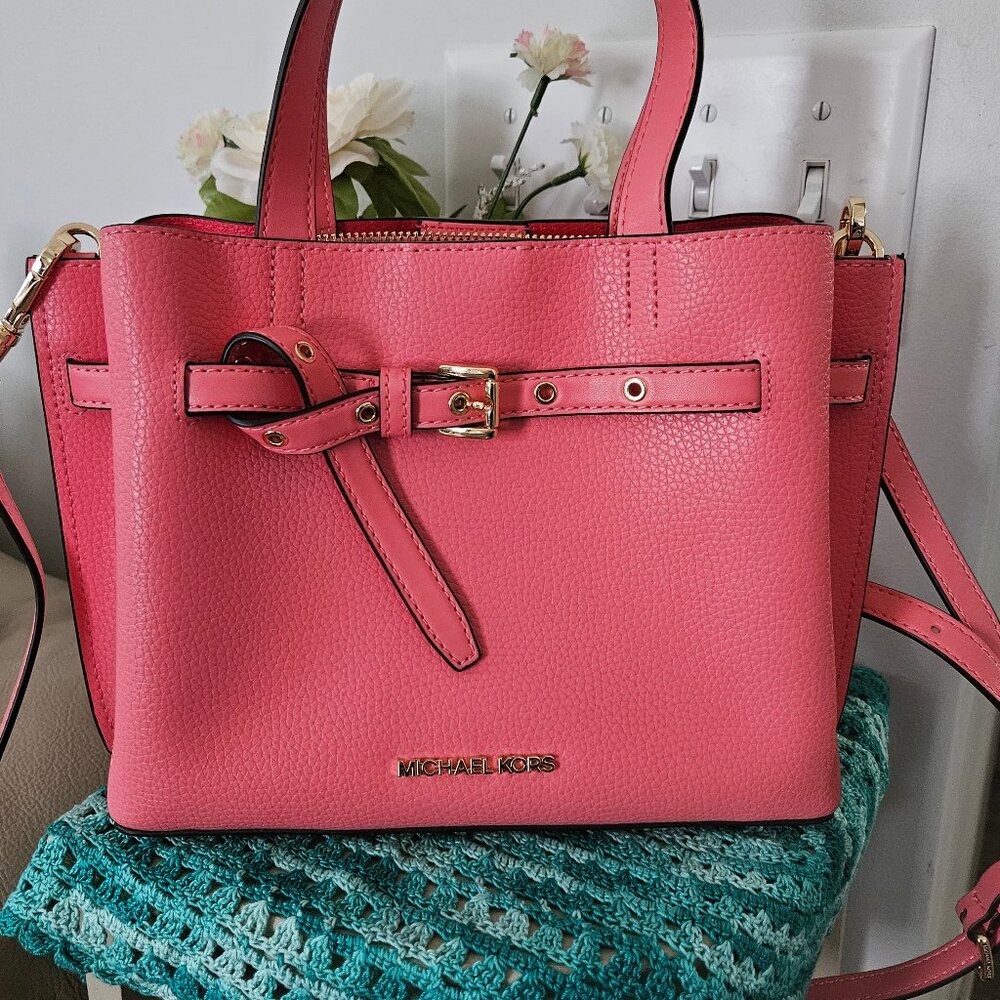 *****SOLD****MICHAEL KORS EMILIA SMALL SATCHEL SHOULDER CROSSBODY BAG GRAPEFRUIT - Picture 2 of 11